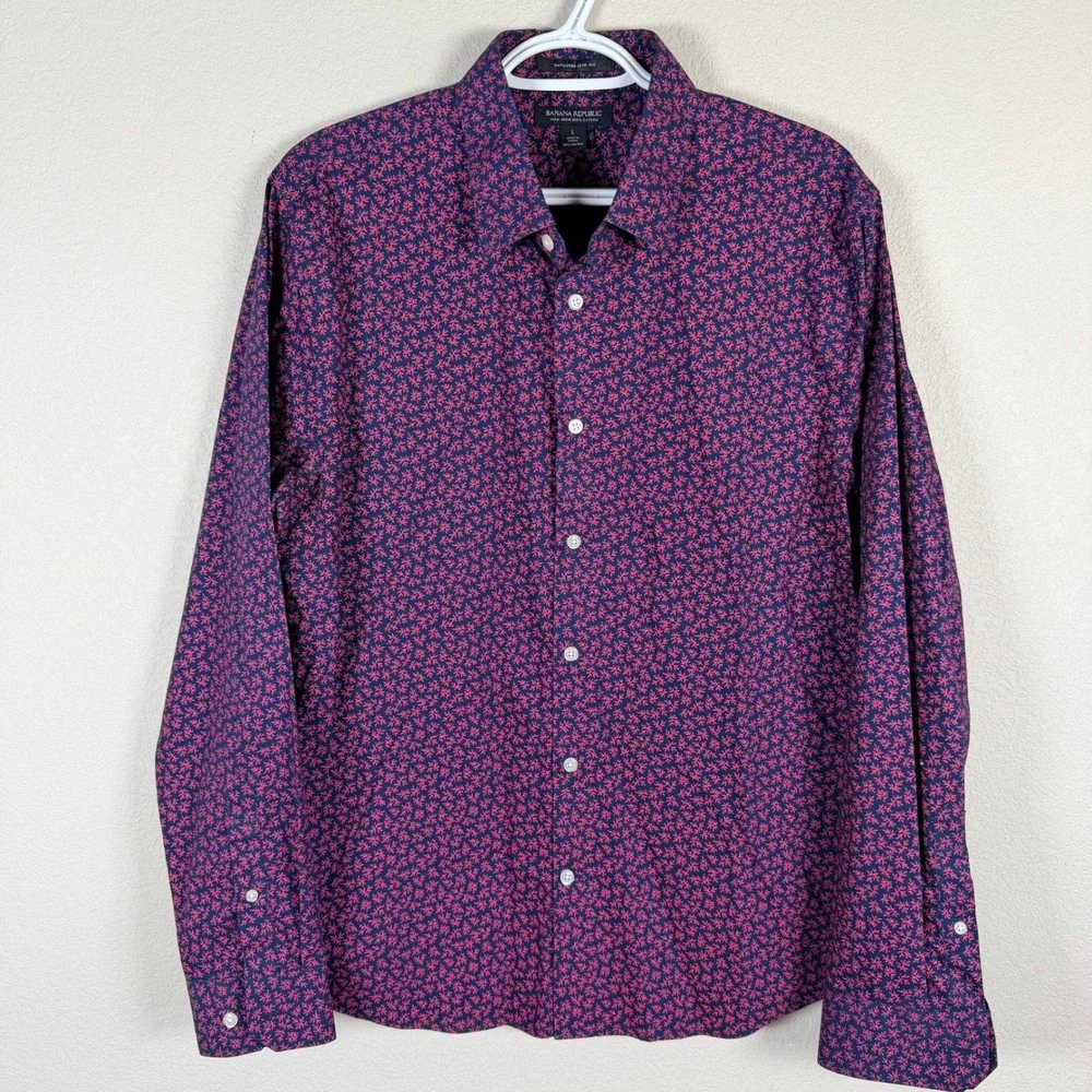 Banana Republic Untucked Slim Fit Shirt Mens L Navy Blue Red Floral Non-Iron